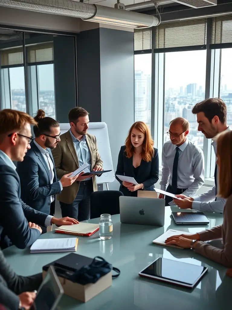 A diverse team of business professionals collaborating around a table, brainstorming ideas and developing innovative solutions during a GrowthUKUno workshop in London.