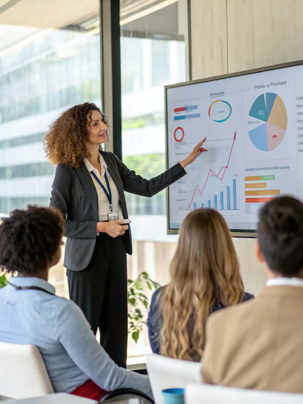 A UK-based entrepreneur confidently presenting a successful business plan to investors, showcasing growth metrics and financial projections, highlighting strategic planning.