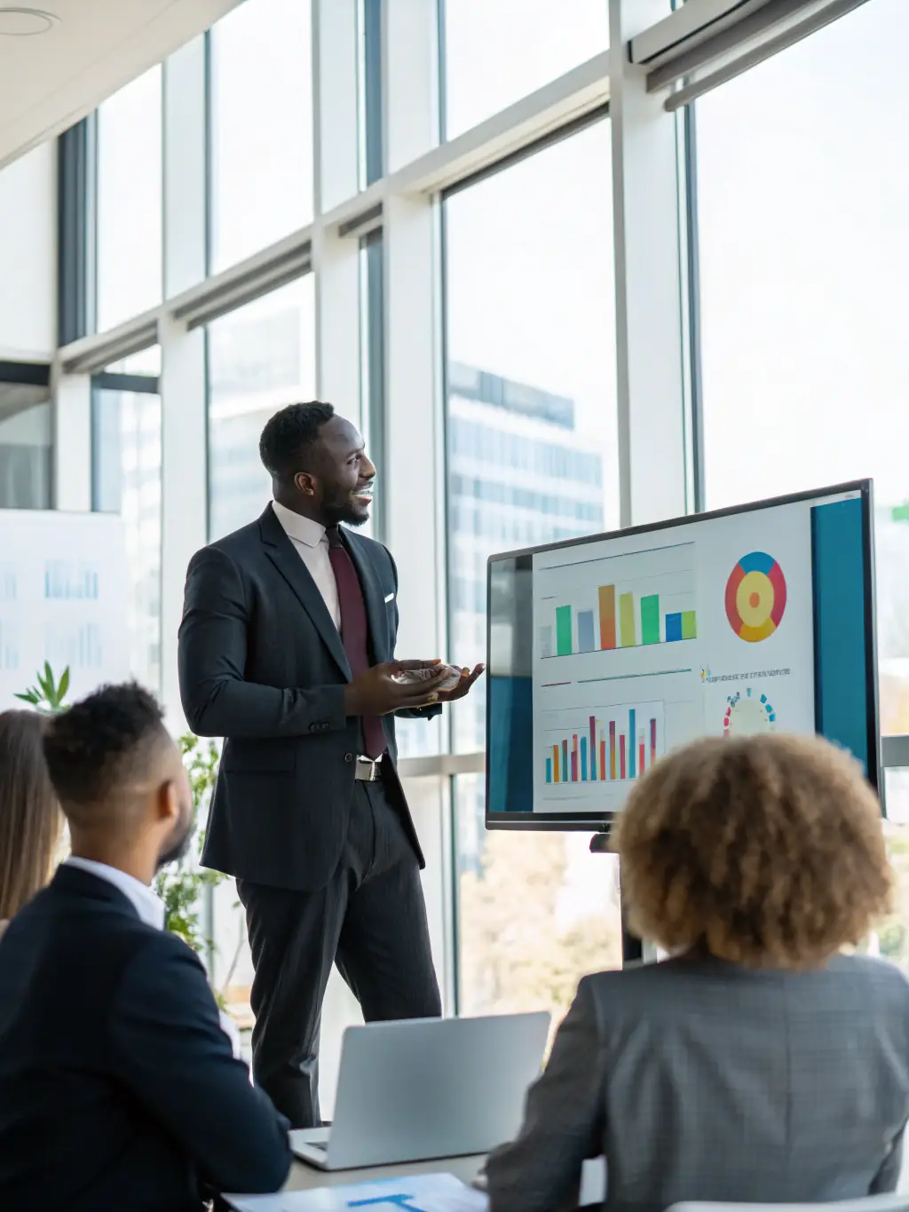 A professional business coach in a suit, smiling and pointing at a growth chart during a coaching session with a client in a modern office, emphasizing business growth.