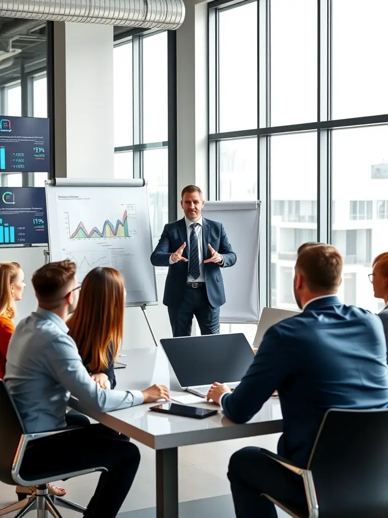 A professional business coach in a suit, smiling confidently while pointing at a growth chart displayed on a large screen during a coaching session with a UK-based startup team.
