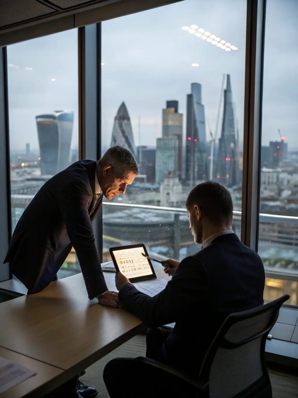 A seasoned business coach providing one-on-one guidance to a UK entrepreneur, discussing business challenges and developing personalized action plans in a modern office setting.
